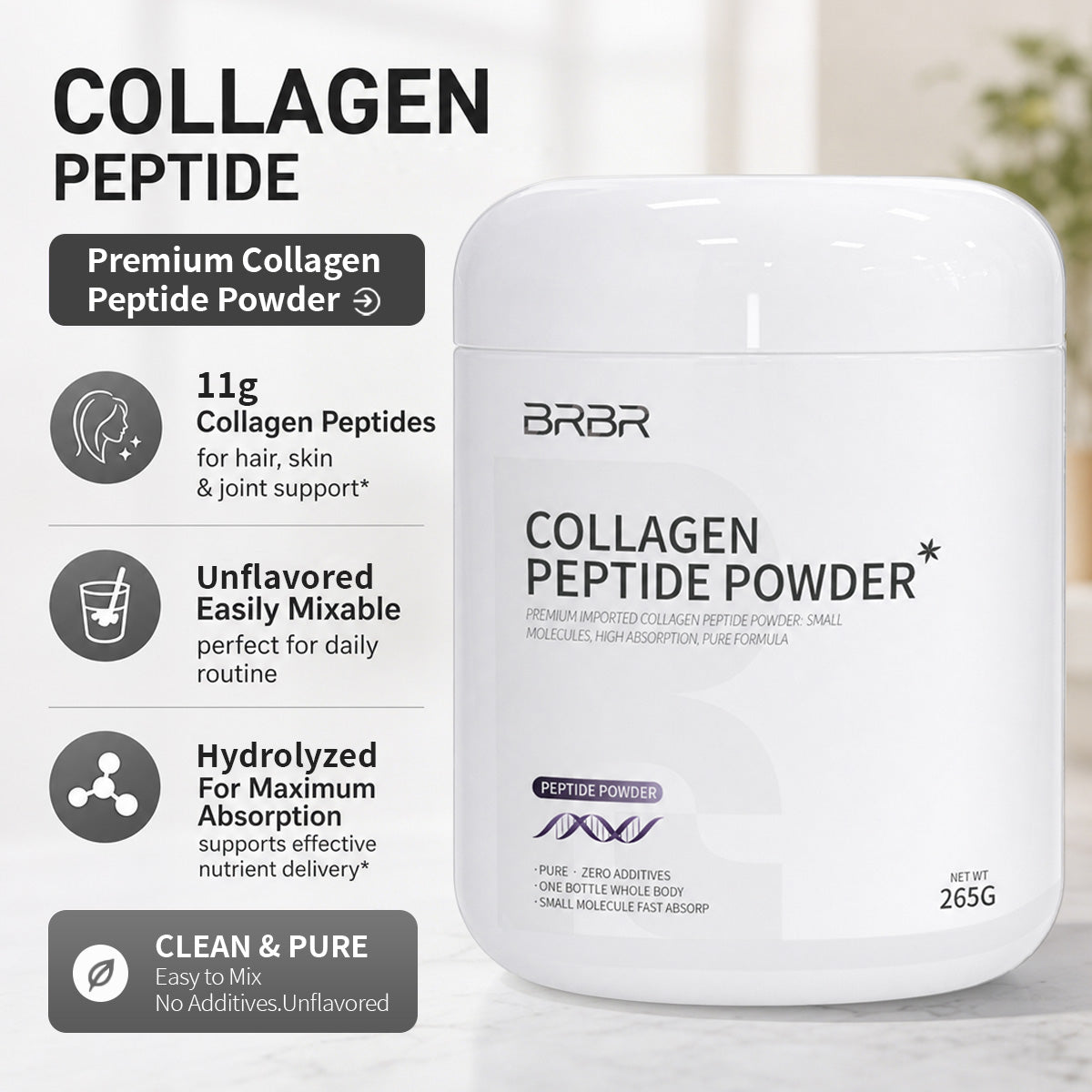BRBR Collagen Peptides Powder – Hydrolyzed Bovine Collagen, Type I & III, 265g (13 Servings)