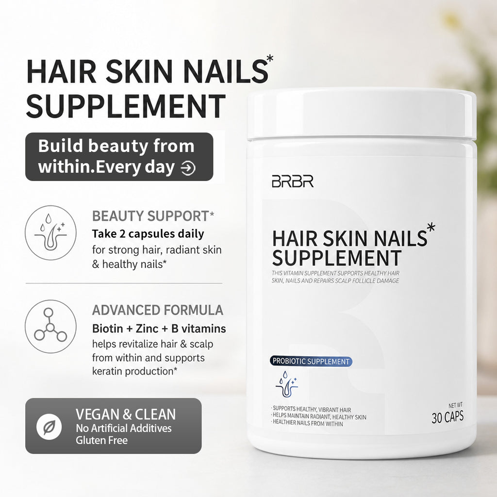 BRBR Hair, Skin & Nails Vitamins – 26+ Nutrients with Biotin & Zinc, 30 Capsules
