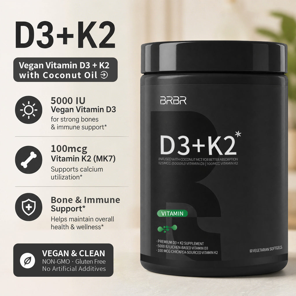 BRBR Vitamin D3 + K2 (MK-7) – 125 mcg (5000 IU) D3 & 100 mcg K2, 60 Veggie Softgels