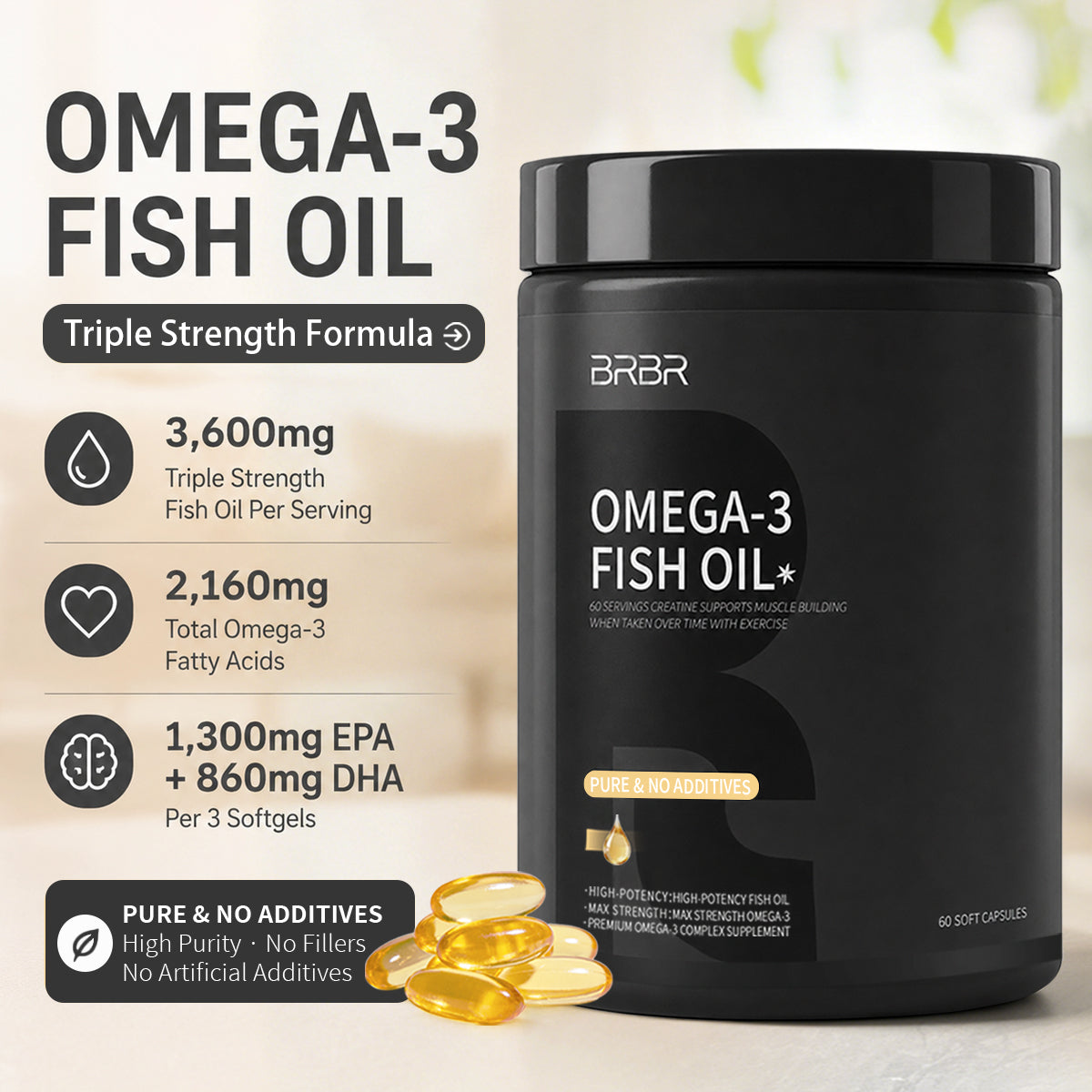 BRBR Omega-3 Fish Oil – 3,600mg per Softgel, High Potency EPA & DHA
