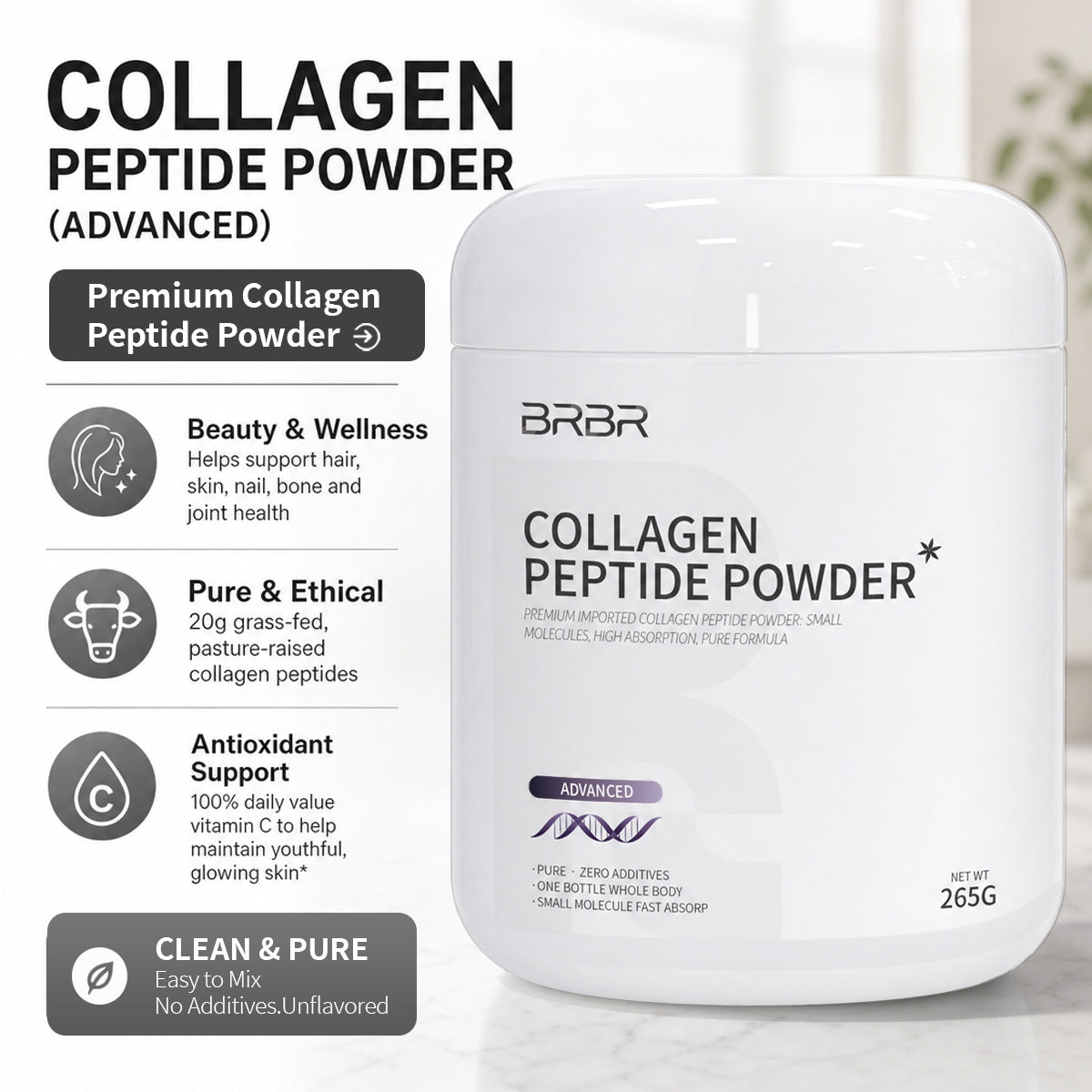 BRBR Advanced Collagen Peptide Powder – Hydrolyzed Bovine Collagen with Vitamin C & Hyaluronic Acid, 265g