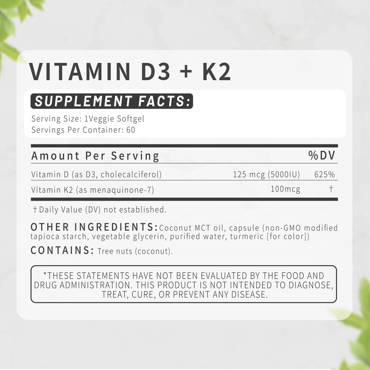 BRBR Vitamin D3 + K2 (MK-7) – 125 mcg (5000 IU) D3 & 100 mcg K2, 60 Veggie Softgels