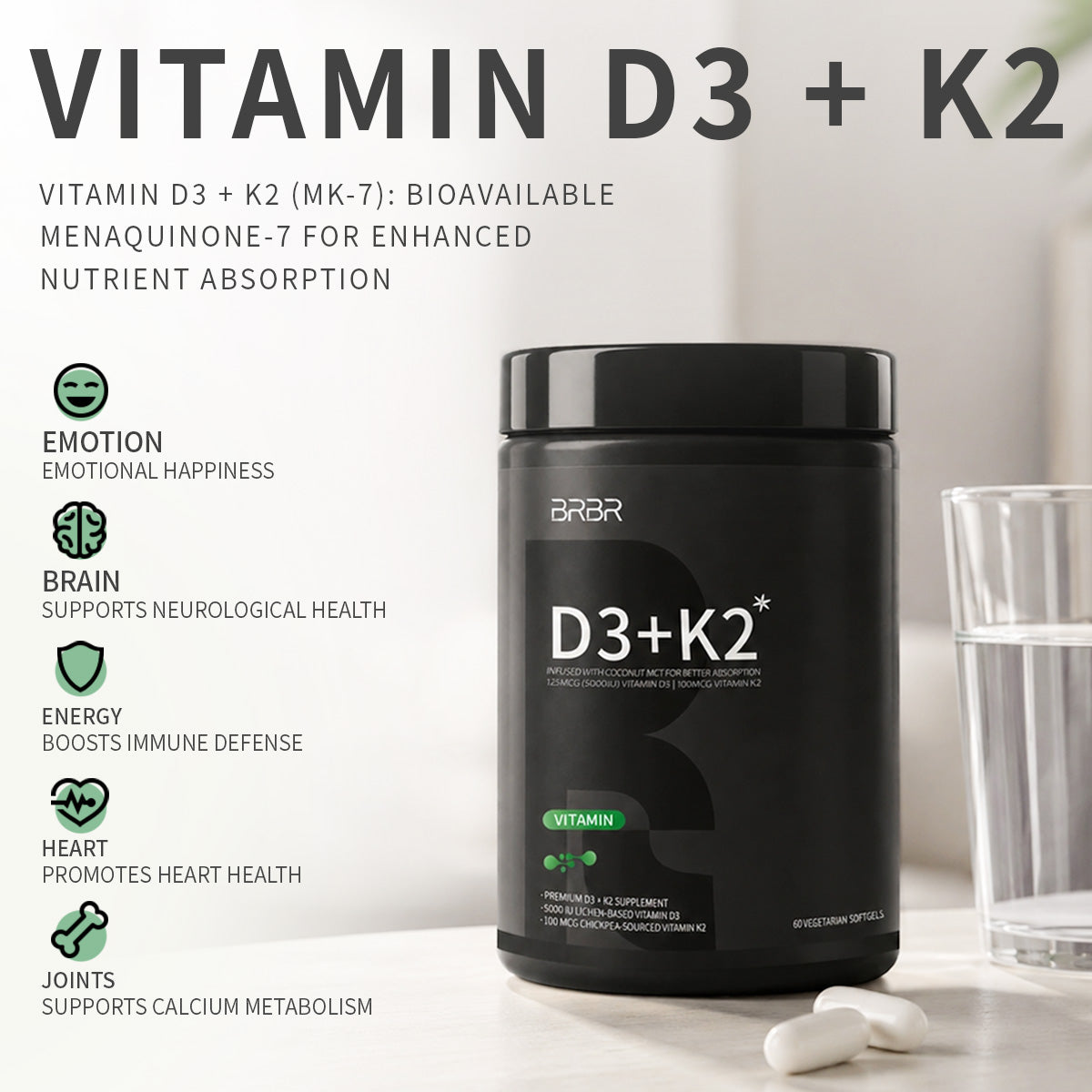 BRBR Vitamin D3 + K2 (MK-7) – 125 mcg (5000 IU) D3 & 100 mcg K2, 60 Veggie Softgels