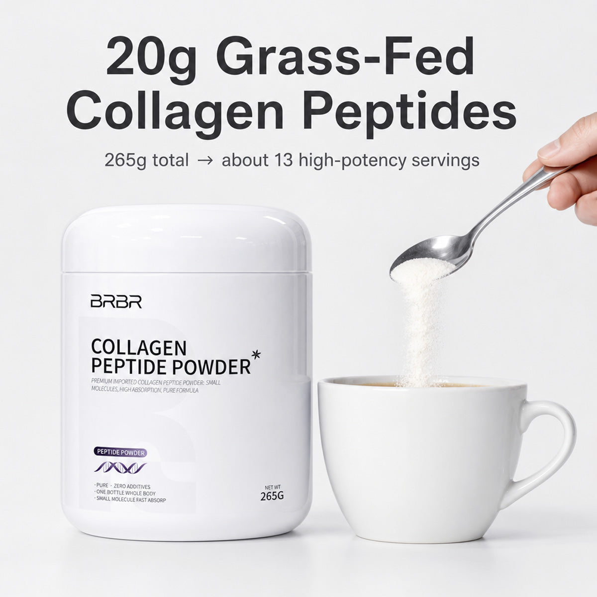 BRBR Collagen Peptides Powder – Hydrolyzed Bovine Collagen, Type I & III, 265g (13 Servings)