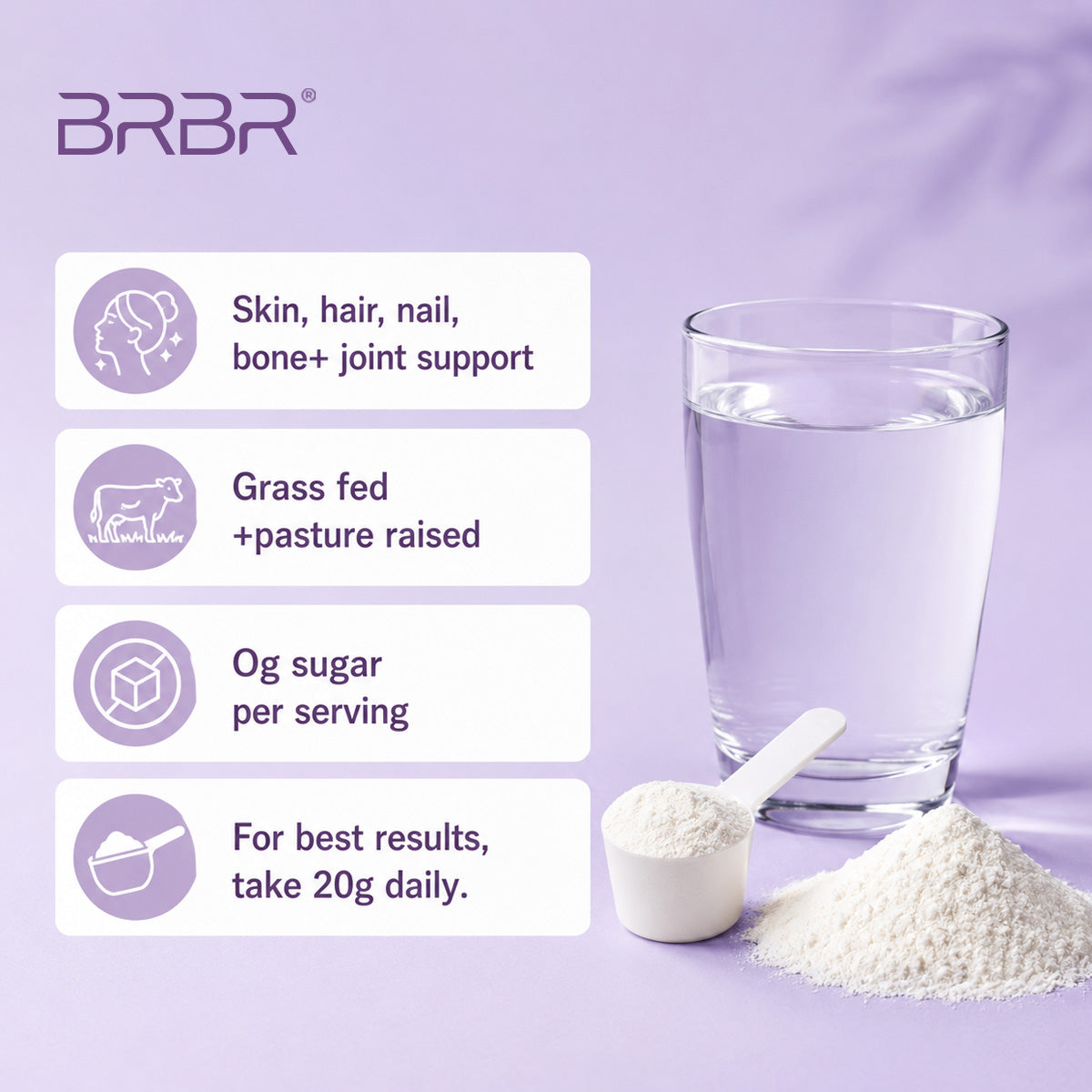 BRBR Collagen Peptides Powder – Hydrolyzed Bovine Collagen, Type I & III, 265g (13 Servings)