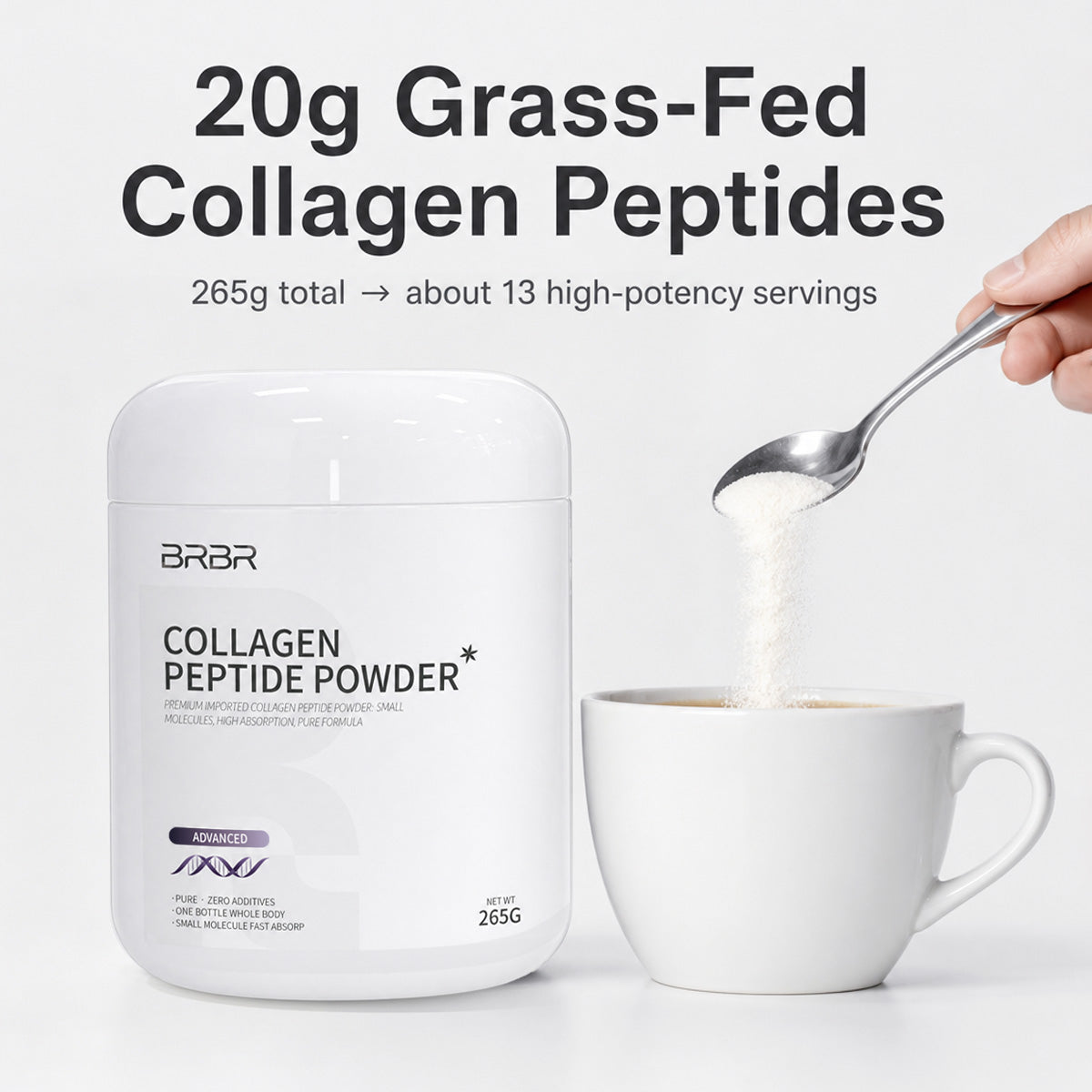 BRBR Advanced Collagen Peptide Powder – Hydrolyzed Bovine Collagen with Vitamin C & Hyaluronic Acid, 265g