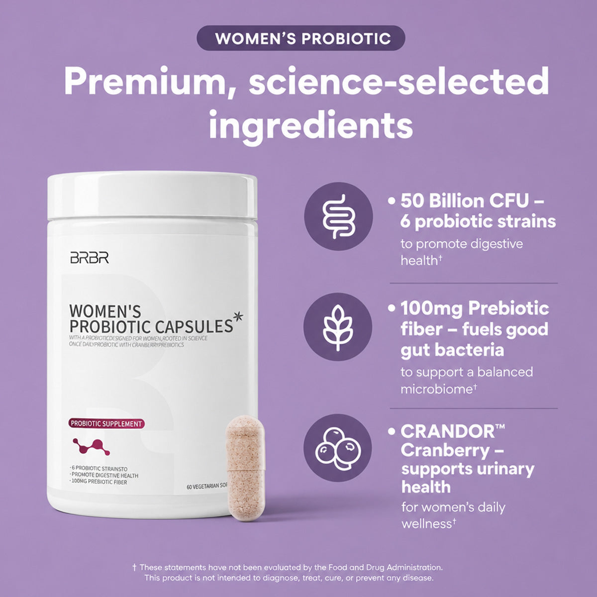 BRBR Women's Probiotics – 6 Active Strains with Cranberry & D-Mannose, 30 Capsules